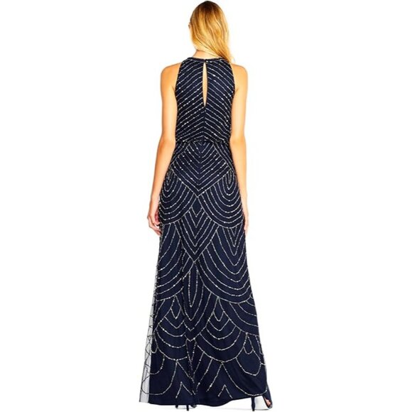 Adrianna Papell 18 Bead Halter Blousen Gown Navy Dress Art Deco Formal NwD - Picture 2 of 14